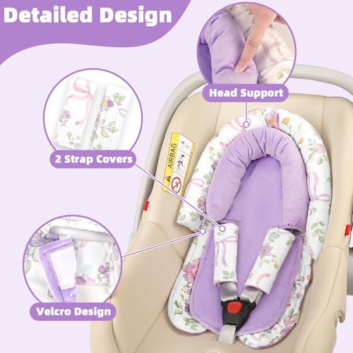 Image of SWESEN Infant Car Seat Insert & Strap Covers, Car Seat Head Support for Baby Girls, 2 in 1 Soft Plush Car Seat Insert for Newborns, for Infants Aged 0-12, Purple Bow