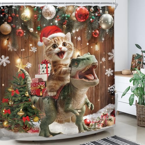 Image of Merry Christmas Shower Curtain Cat Funny Xmas New Year Winter Holiday Cute Riding Dinosaur Snowflake Pine Tree 60Wx72H Inch Funny Cartoon Waterproof Polyester Fabric Bathroom Bathtub
