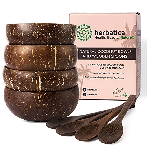 Ecomotions - Set di 4 ciotole e cucchiaini in noce...