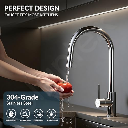 Image of Plantex Pull-Down Kitchen Sink Tap /304 Stainless Steel Sink Tap for Kitchen Basin with 360⁰ Swivel Spout /Kitchen Sink Faucet- (1062, Chrome)