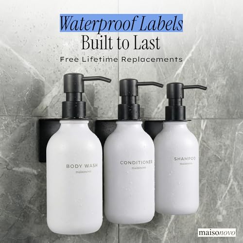 Image of Shampoo and Conditioner Dispenser Wall Mounted Set of 3 White Black - No Drill Shower Soap Dispenser for Bathroom Refillable - Spa Hotel Style Accessories by MaisoNovo