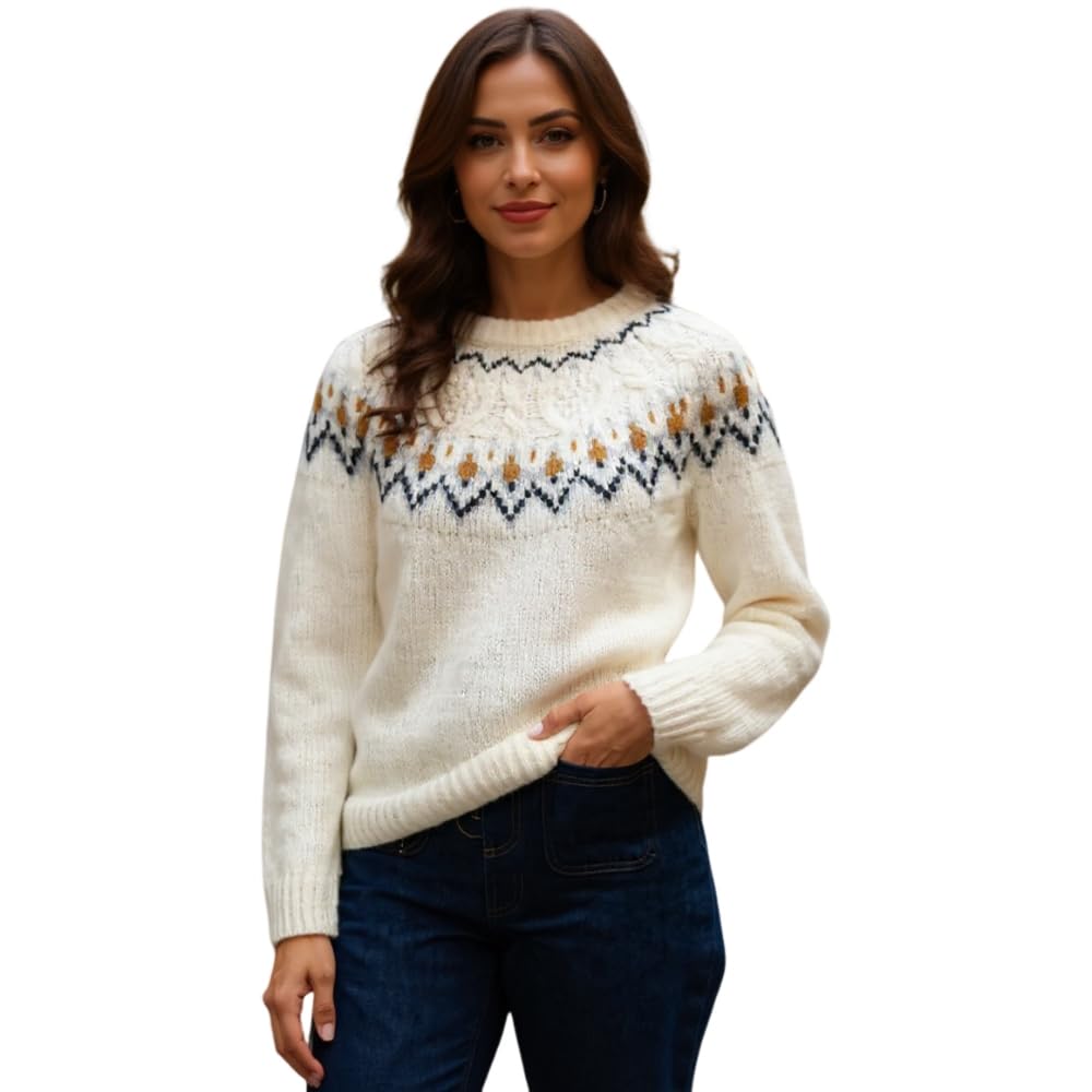 Womens Retro Oversized Fair Isle Floral Print Knit Sweater Fall Winter Crewneck Long Sleeve Pullover Tops Sweaters