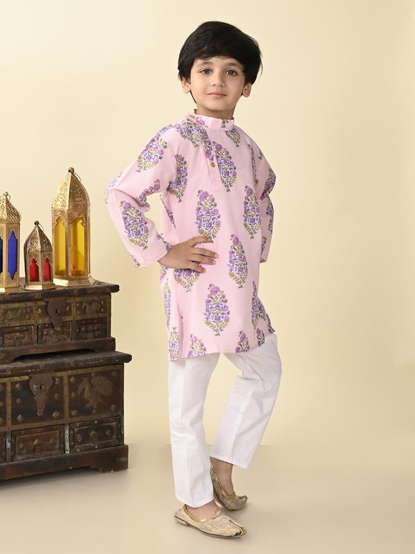 Image of superminis Boys Cotton Full Sleeves Side Open Sanganeri Printed Kurta With Pyjama Set