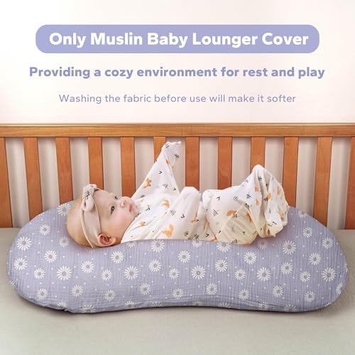 Image of FUNUPUP Muslin Baby Lounger Cover Only, Purple Daisy | 100% Muslin Cotton Soft Breathable Easy On /Off Envelope Closure Machine Washable Easy-Clean Protector Neutral Colors