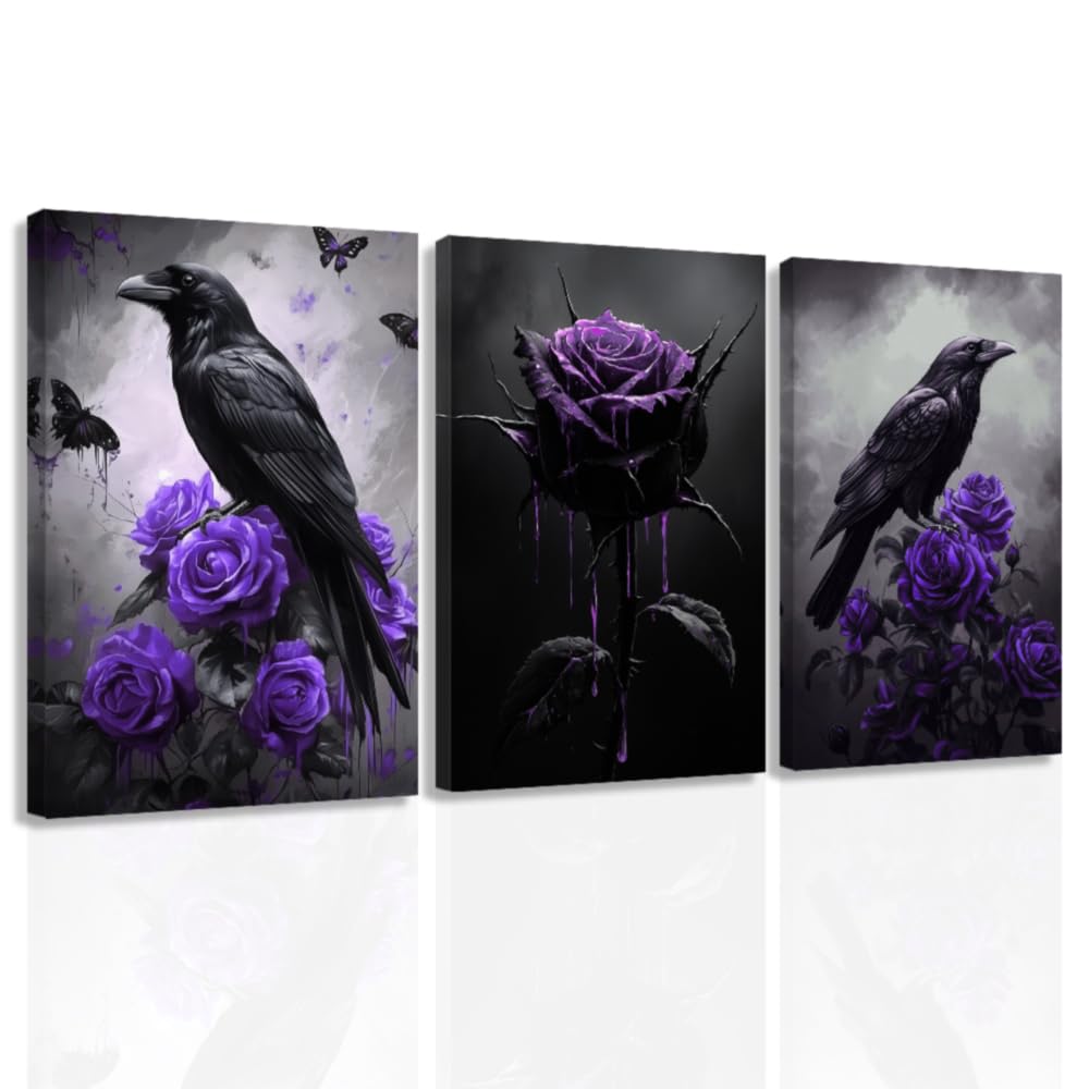 ZXHYWYM Gothic Canvas Wall Art Set of 3 Crow and Rose Art Prints Dark Goth Pictures Halloween Black Crow Painting for Bedroom Bathroom Home Decor Framed (28x35cmx3)