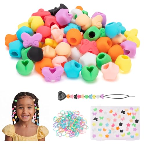 Dalycro 60PCS Silicone Hair Beads for Kids Girls Braids, 5mm Butterfly Heart and Star Washable Hair Beads 10 Colors for Girls Braids Accessories Kids Crafts