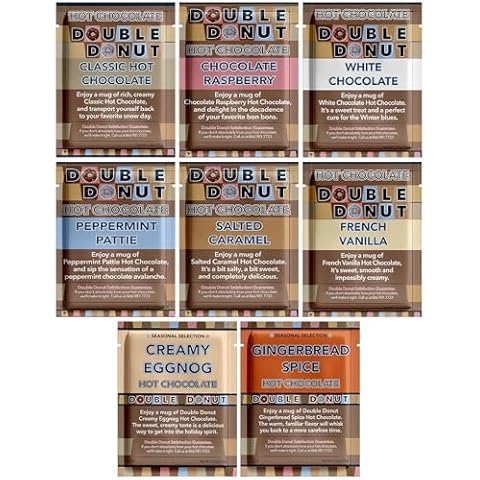 Double Donut Coffee Flavored Hot Chocolate Packets Variety Pack,18 Count Includes Classic, Chocolate Raspberry, Salted Caramel & Peppermint Cover