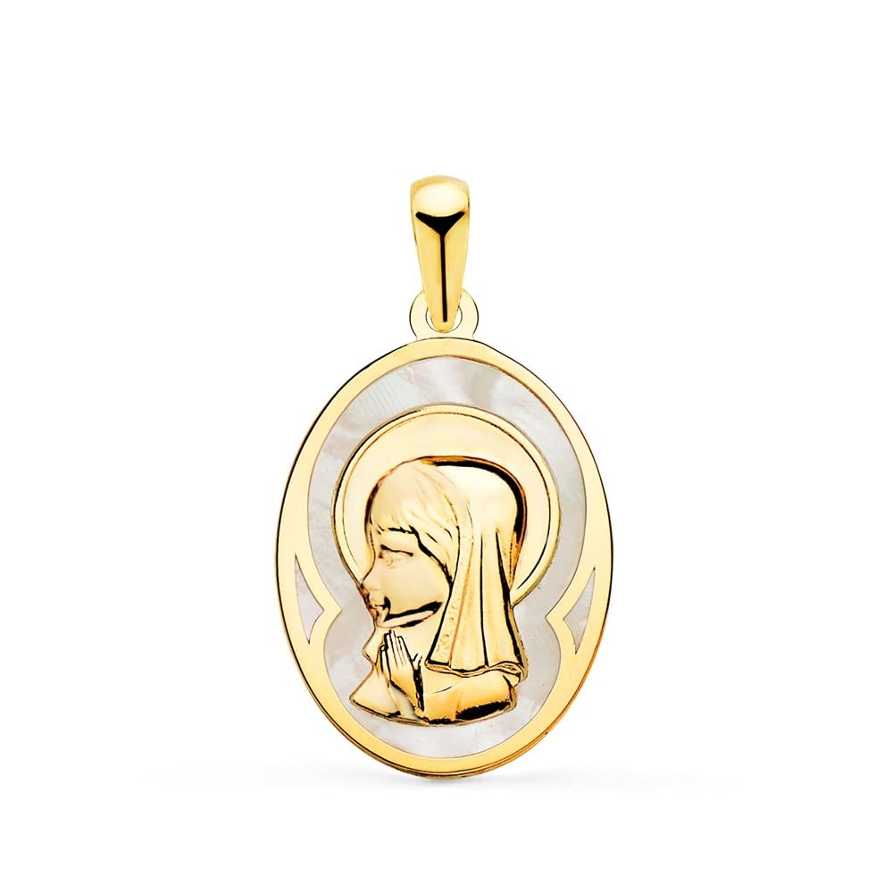 Virgen Niña Medalla Oro 18k Primera Comunión 17mm. nácar fondo silueta centro