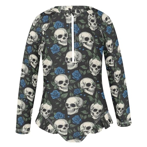Skull Flower Girls Long Sleeve Rashguard Swimsuit UV Protection One-Piece Swimwear Bathing Suit B04044622