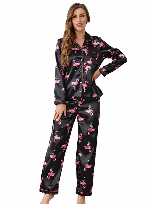 Image of Night Suit for Women with Full Sleeve Button-Down Top with Pant Dress for Woman,Night Dress for Woman, Two-Piece Loungewear Set