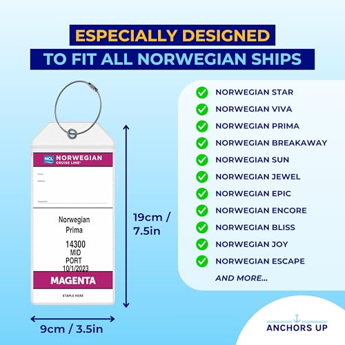 Norwegian (NCL) Cruise Luggage Tag Holders [4 Pack] – Waterproof, Durable Plastic with Steel Loops – Fits All Norwegian (NCL) Ships for Cruising in 2025, 2026 and 2027 – Cruise Essentials by AnchorsUp3