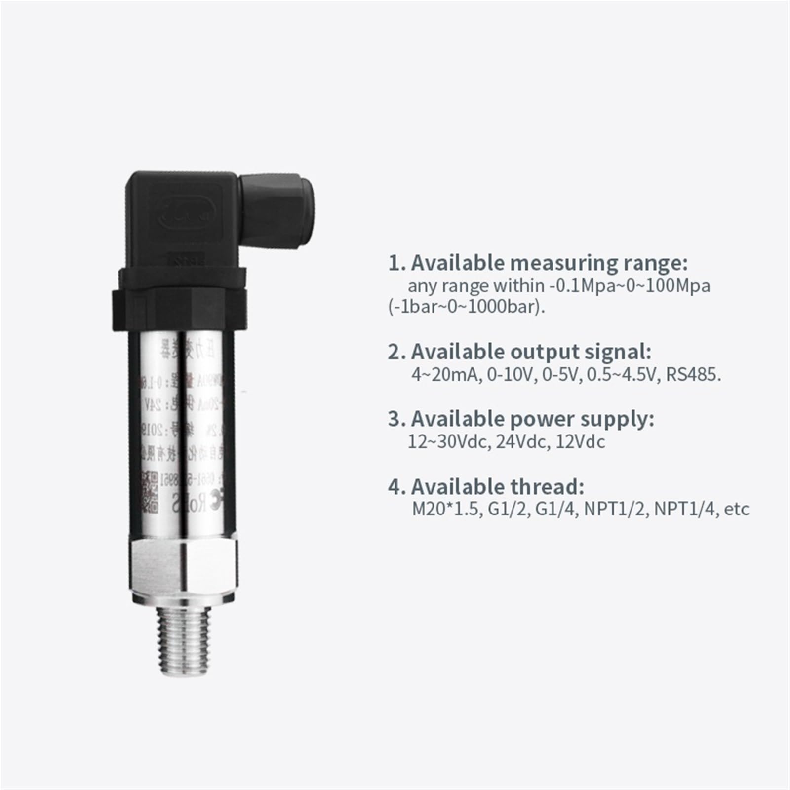 Transductor de presión Sensor estática Agua Aire Aceite silicio difuso Transmisor Absoluta neumático(0-30Mpa)