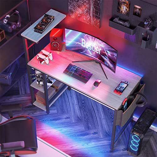 Bestier Computer Desk With 4 Tiers Shelves, Gaming Desk With Led Lights, 44 Inch Office Desk With Storage Bag & Printer Shelf (Retro Grey Oak) #TOP19