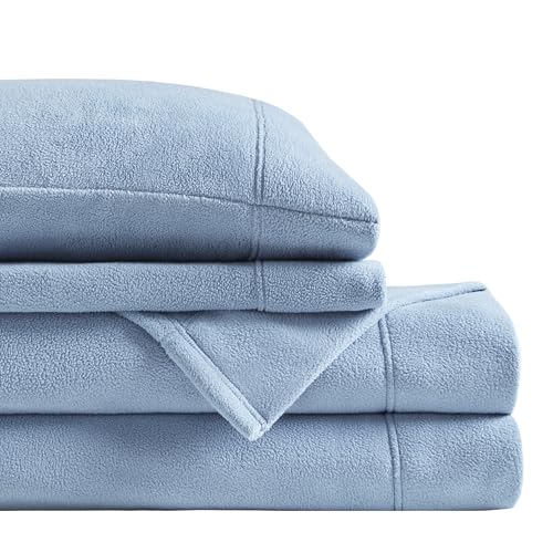 Image of True North by Sleep Philosophy Micro Fleece Bed Sheet Set, Warm, Sheets with 14 inch Deep Pocket, for Cold Season Cozy Sheet-Set, Matching Pillow Case, Twin, Blue, 3 Piece