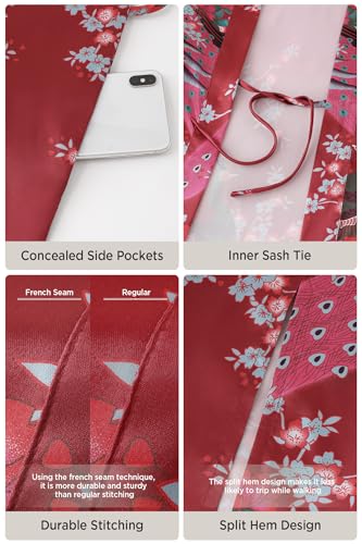 Image of BABEYOND Women's Kimono Robe Long Satin Robes with Peacock and Blossoms Printed Kimono Nightgown