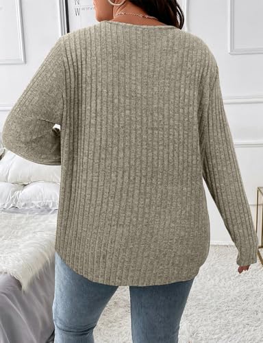 Image of Koscacy Women Plus Size Casual Knit Sweater with Pocket V Neck Solid Color Tops Lightweight Long Sleeve Blouses