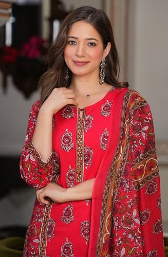 Image of Amayra Women's Pure Cotton Printed Straight Kurta Set with Palazzo pants & dupatta|Ethnic wear|Kurti Suit Set for Women