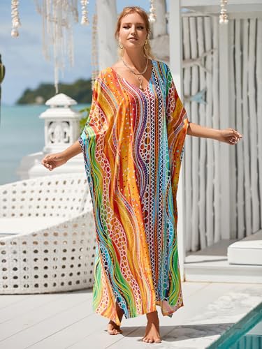 Image of sunforyou Kaftan Dresses for Women Plus Size Lightweight Swimsuit Cover up Batwing Sleeve Print Loungewear Beach Robe