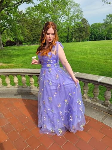 Wchecalino Women's Flower Embroidery Tulle Prom Dresses 2025 Long Spaghetti Straps Evening Party Gowns4