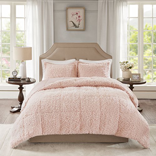 Madison Park Nova Luxury Soft Mohair Reverse Faux Mink Comforter Set, Full/Queen, Blush