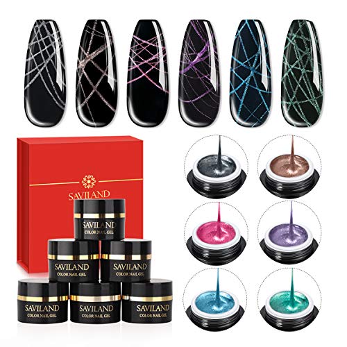 Saviland Metallic Spider Gel, 6 Colors Spider Gel Matrix Gel with Gel Paint Design Nail Art Wire Drawing Gel for Line Metallic Mirror Effect, Soak Off UV/LED DIY Manicure Nail Art Decoration