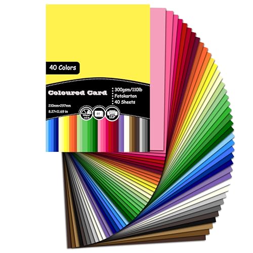 40 Blatt Tonkarton A4 Bunt, 40 Farben - 300 g/m² Tonpapier, Fotokarton Bastelkarton für Malen Kartenherstellung Einladungen Scrapbook Basteln, 21 x 29.7cm