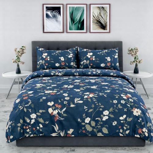 Image of Blue Strip 300 TC Cotton Feel Glace Cotton Elastic Fitted Printed Queen Size Double Bed Bedsheet with 2 Pillow Covers Fits Upto 8 inches,Size- 60x78x8 Inches
