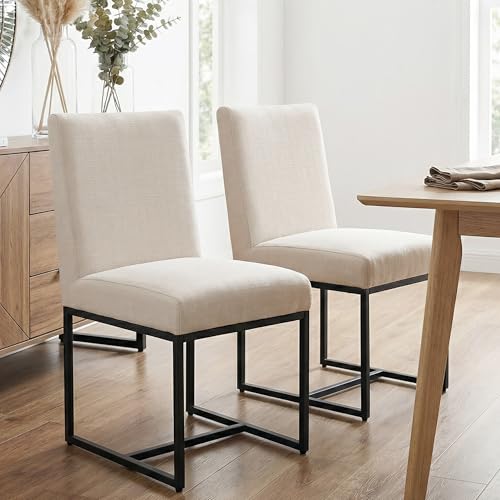 Image of HNY Modern Dining Chairs Set of 2, Upholstered Linen Dining Room Chairs with Ergonomic Back & Metal Frame for Home, Kitchen, Apartment, Cream