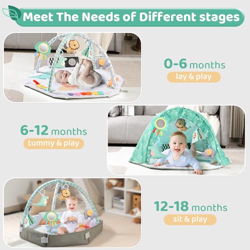 Baby Play Gym Mat with Tent, Activity Mat for Toddlers 0-6 Months, Washable Gym Playmat for Infants, Toddler Toys Birthday Gifts for Newborns 0-3-6-9-12-18 Months