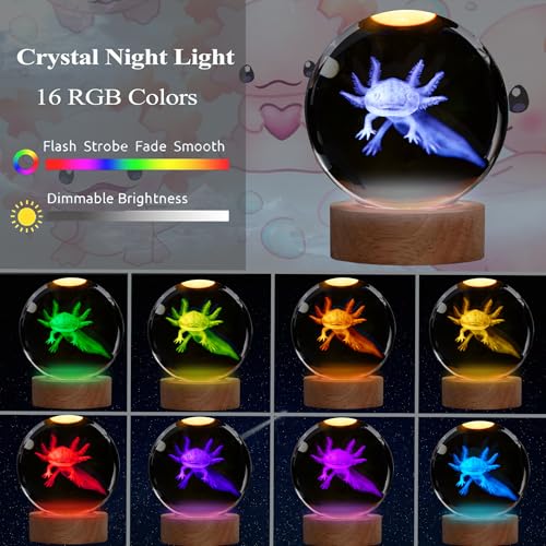 Image of Axolotl Night Light with Upgraded 3.15 Inch 3D K9 Crystal Ball, Axolotl Lamp with Remote 16 Color Gifting Box for Birthday Xmas Cool Axolotl Figurines Gifts for Room Decor Boys Girls