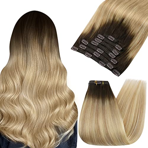 Ugeat Clip in Hair Extensions 20 Inch Clip in Extensions Real Human Hair #3/8/22 Balayage Brown with Blonde Clip on Extensions Human Hair 120 Grams Invisible Clip in Extensions 7Pcs