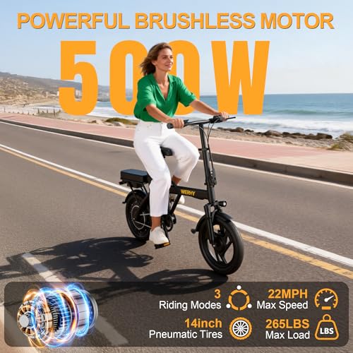 WERHY Electric Bike for Adults, 500W Motor, 22 MPH Max Speed Folding Ebike, 14″ Electric Bicycles, Max 30/40/50 Miles Range (Pedal Assist Mode), Mini E Bikes