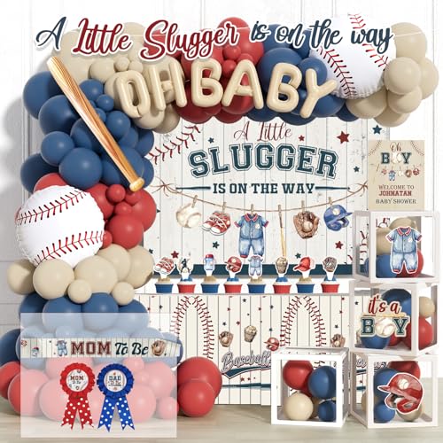 Hombae Baseball Baby Shower Decorations, A Little Slugger Party Supplies with Welcome Baby Banner Banners, Cake Cupcake Toppers, Tablecloth, Backdrop, Poster, Badges, Sash