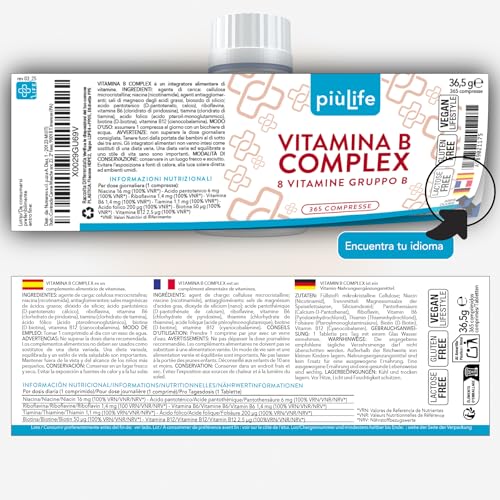 Vitamina B Complex 365 Comprimidos PiùLife, 1 Año De Complejo B Completo Con Vitamina B1, B2, B3 Niacina, B5, B6, B7 Biotina, B9 Acido Folico Y B12, Energía, Vitaminas Para El Cansancio, Vegano