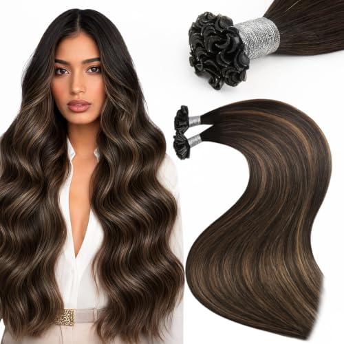 Image of Moresoo K Tip Hair Extensions Real Human Hair, Brown Chestnut Balayage