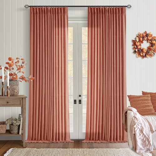 Image of Firebrick Pleated Linen Curtains 96 Inches Long for Living Room 2 Panel Set Semi Sheer Light Filtering Pinch Pleat with Rings Hooks Drapes Farmhouse Rustic Terracotta Red Clay Curtain Bedroom Window