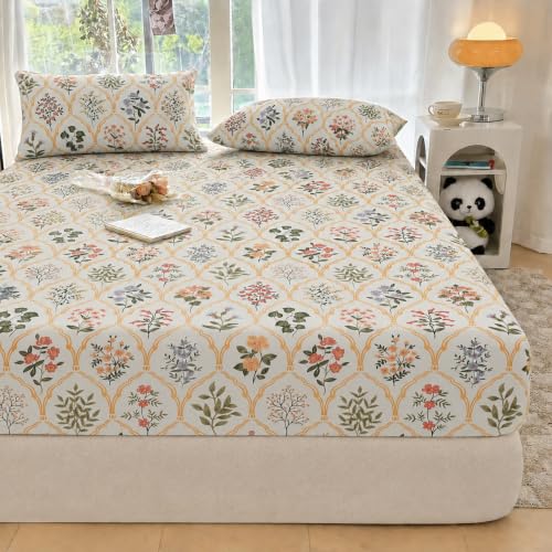 Image of VOMZER Premium 320 TC Fitted Bed Sheet with Full Elastic - Deep Pocket Design - Wrinkle Resistant Fitted Bedsheet 60x78 Queen Cream Flower Leaf