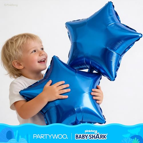 Image of PartyWoo Baby Shark Blue Foil Number 2 Balloon 5pcs 40 18 Inch Blue Round Star Mylar Helium Birthday Balloons for Boys and Girls Baby Shark Under the Sea Ocean Kids Second Birthday Party Decorations