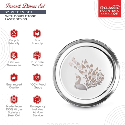Image of Classic Essentials Stainless Steel Dinner Set|Serves 4 People|Heavy Gauge|Kitchen Set|Permanent Laser-Peacock, (Set of 32)
