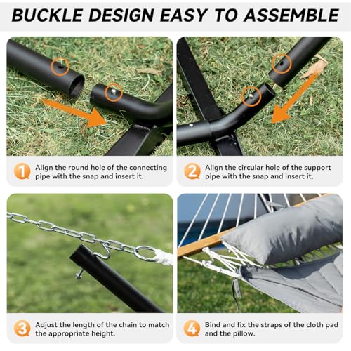 Image of Everyfun 2 Person Outdoor Hammock with Stand, Cotton Rope Hammock with Polyester Pad, Adjustable Steel Frame, Portable with Carrying Bag - for Patio, Backyard, Garden, Beach,Dark-Gray