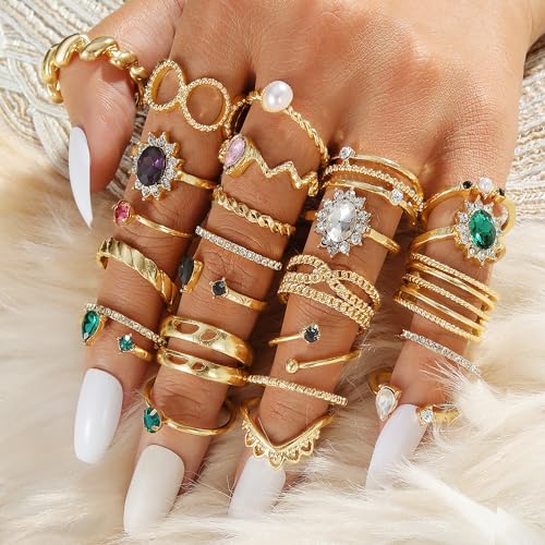 19-36 Pcs Gold Boho Knuckle Rings Set for Women, Vintage Stackable Dainty Joint Finger Gold Jewelry Set with Love Pearl and Sparkling Crystals2