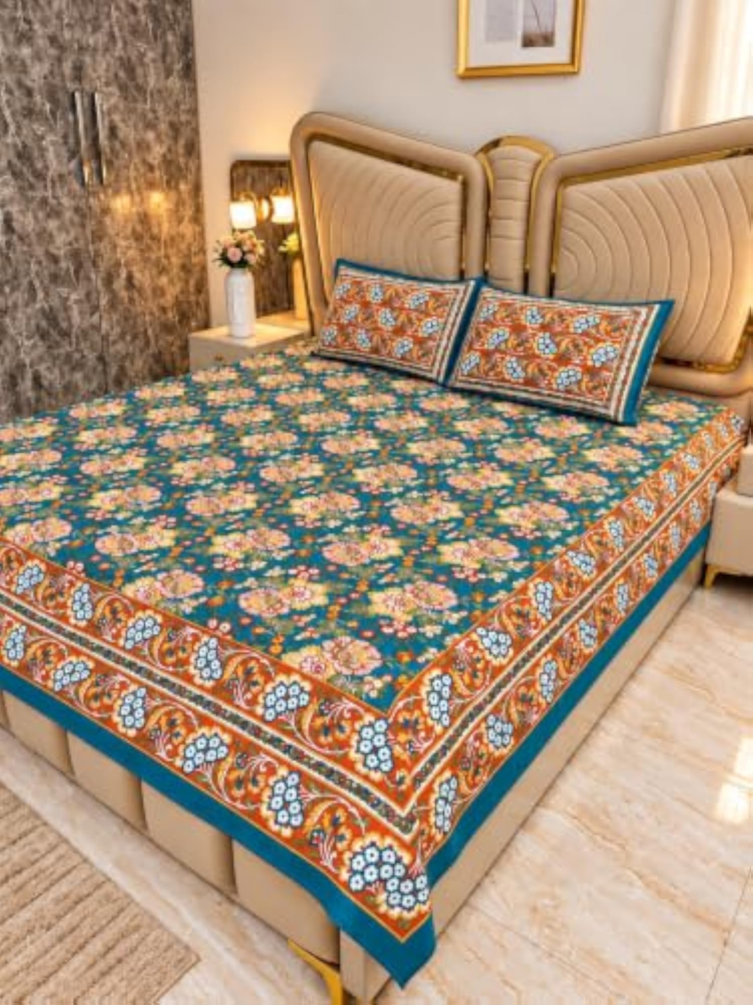 Teal Floral Printed Double Bedsheet with 2 Pillow Covers