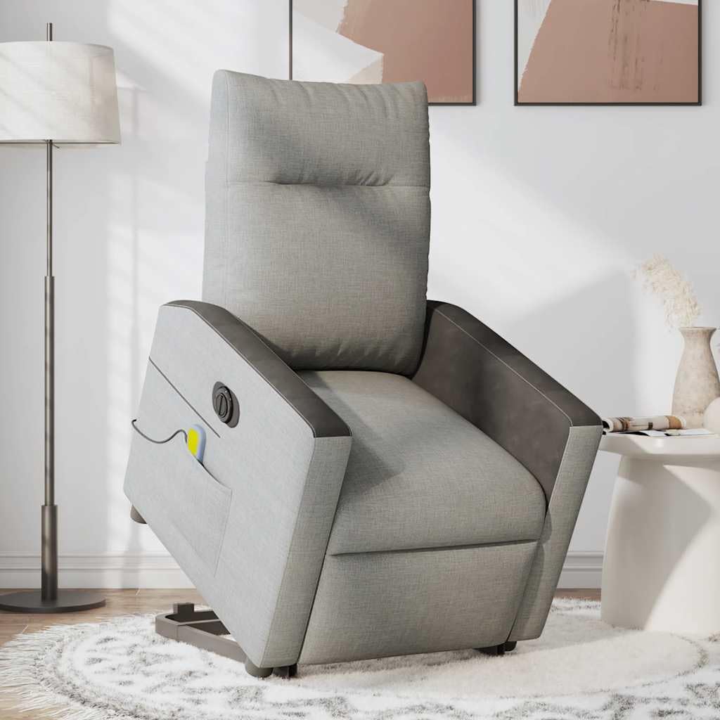Massagesessel elektrisch mit Aufstehhilfe Wolkengrau Stoffbezug 69x86x100 cm Relaxsessel mit 6-Punkt-Vibrationsmassage und Liegefunktion für Wohnzimmer Leseecke und Schlafzimmer