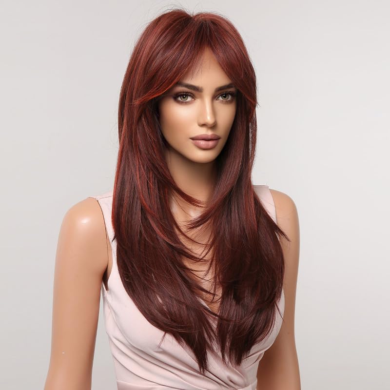 LANOVA Chotolate Brown with Blonde Highlights Straight Wigs,Long Layered Brown Wig for Woman,Balayage Face Franming Wig with Curtain Bangs LANOVA-294