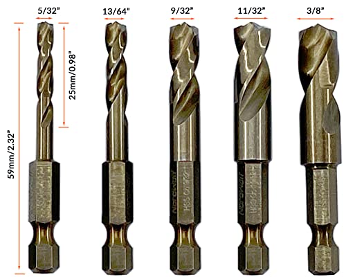 Nordwolf 5-Piece M35 Cobalt Stubby Drill Bit Set For Stainless Steel & Hard Metals, With 1/4" Hex Shank For Quick Chucks & Impact Drivers, Sae Sizes 5/32"-13/64"-9/32"-11/32"-3/8" In Storage Box #TOP3