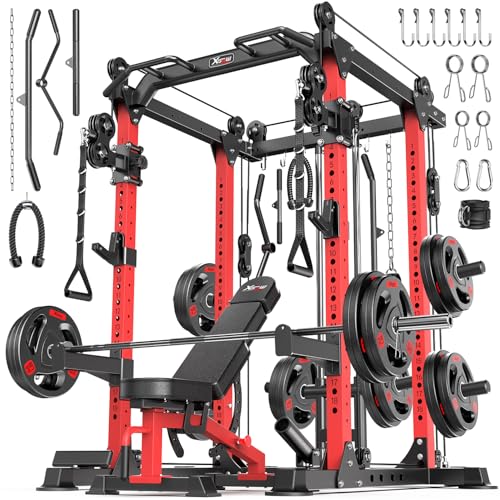 Power Rack Power Cage Multi-Function Squat Rack With Cable Crossover System Selectable More Training Attachment Power Rack For Garage &Amp; Home Gym (Red, E Set L02+Weight Bench+（Pole+Cast Iron） 336Lbs)