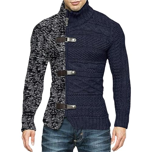 JEKE-DG Men's Turtleneck Zipper Front Knitted Sweater Slim Fit Cable Cardigan Sweater Casual Fashion Long Sleeve Sweaters