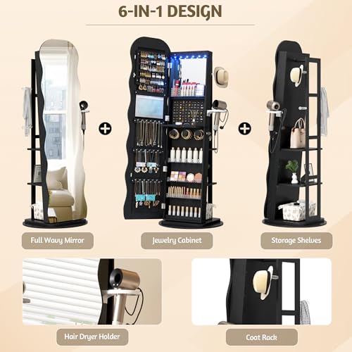 Image of Vlsrka 360 Swivel Jewelry Cabinet with Wavy Full-Length Mirror, Black | Lockable Jewelry Armoire with Mirror, Interior LED Makeup Mirror, Foldable Shelf, 3 Rear Shelves, Hanging Rods, Dryer Holder