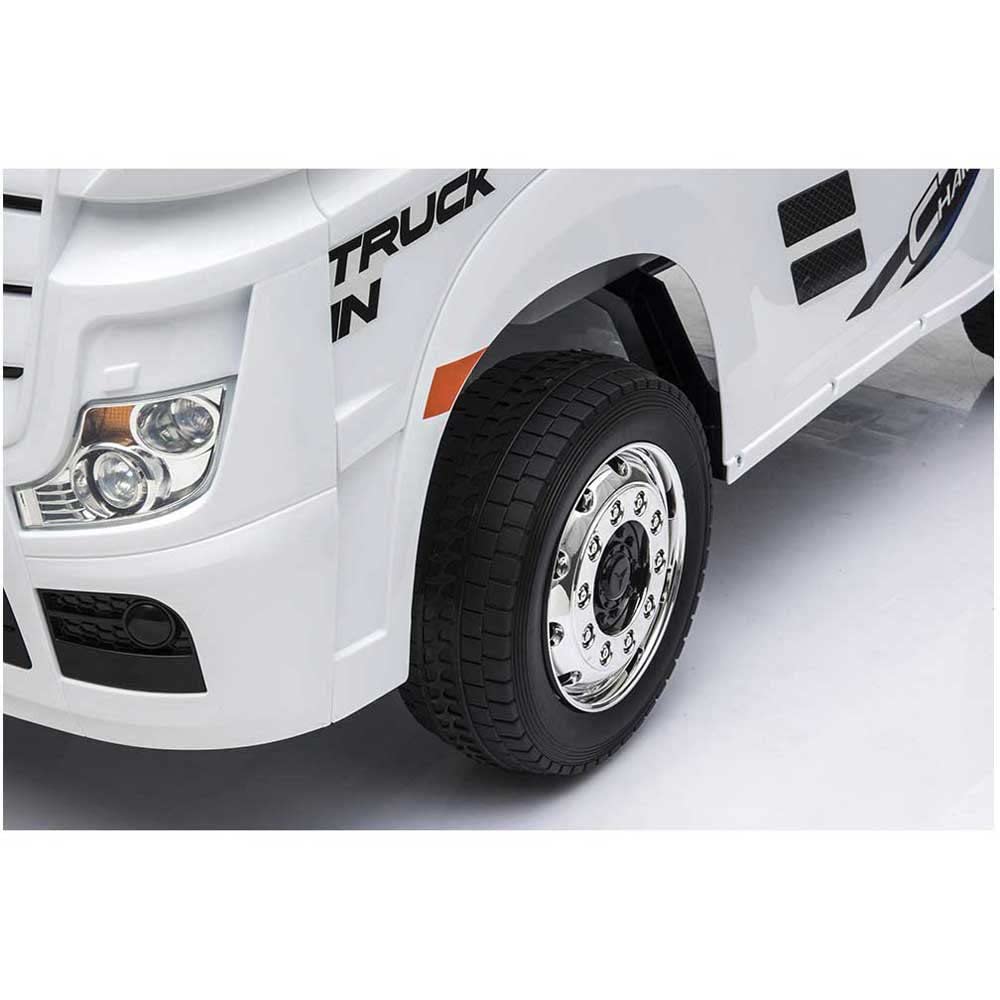 Camión eléctrico para niños Mercedes Actros 12V con licencia, asiento de cuero, control remoto, ruedas de goma, MP3, puertas correderas, luces LED, todas las opciones, blanco