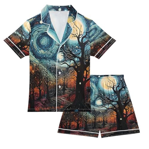 ALAZA Van Gogh Landscape Starry Night Satin Pajamas Set Short Sleeve Button Down Sleepwear Summer Pjs 2 Piece
